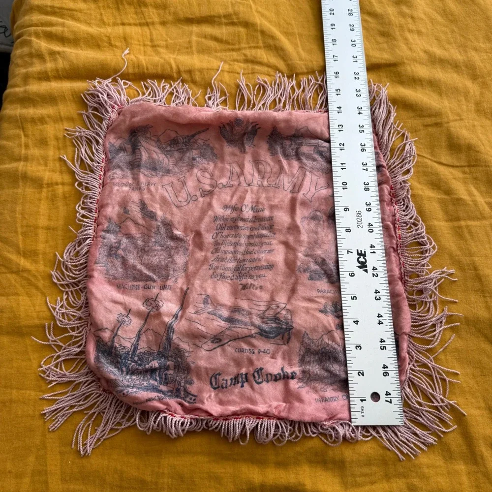 US Army Camp Cooke Souvenir Fabric Panel Pink Fringe Vtg Military Memorabilia